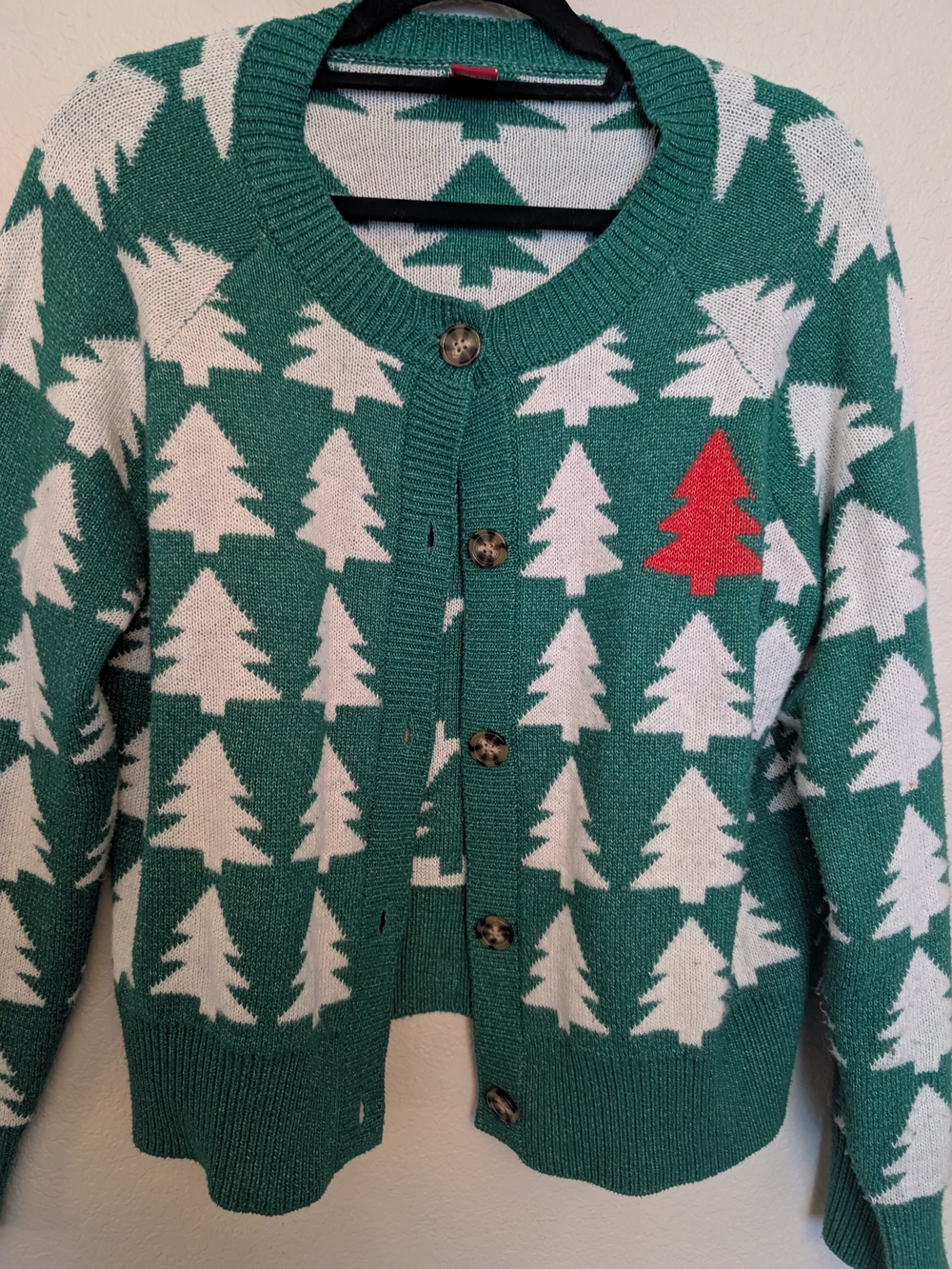 Green Holiday Tree Button-Front Women's Cardigan